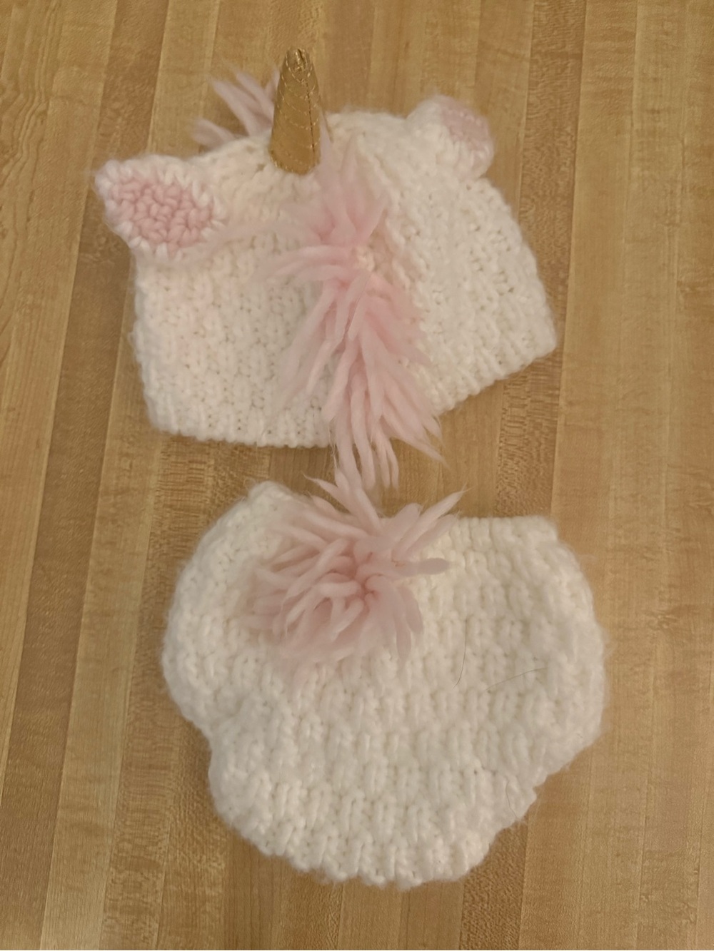 Cream & Pink Unicorn Knit Baby Hat and Diaper Cover Set